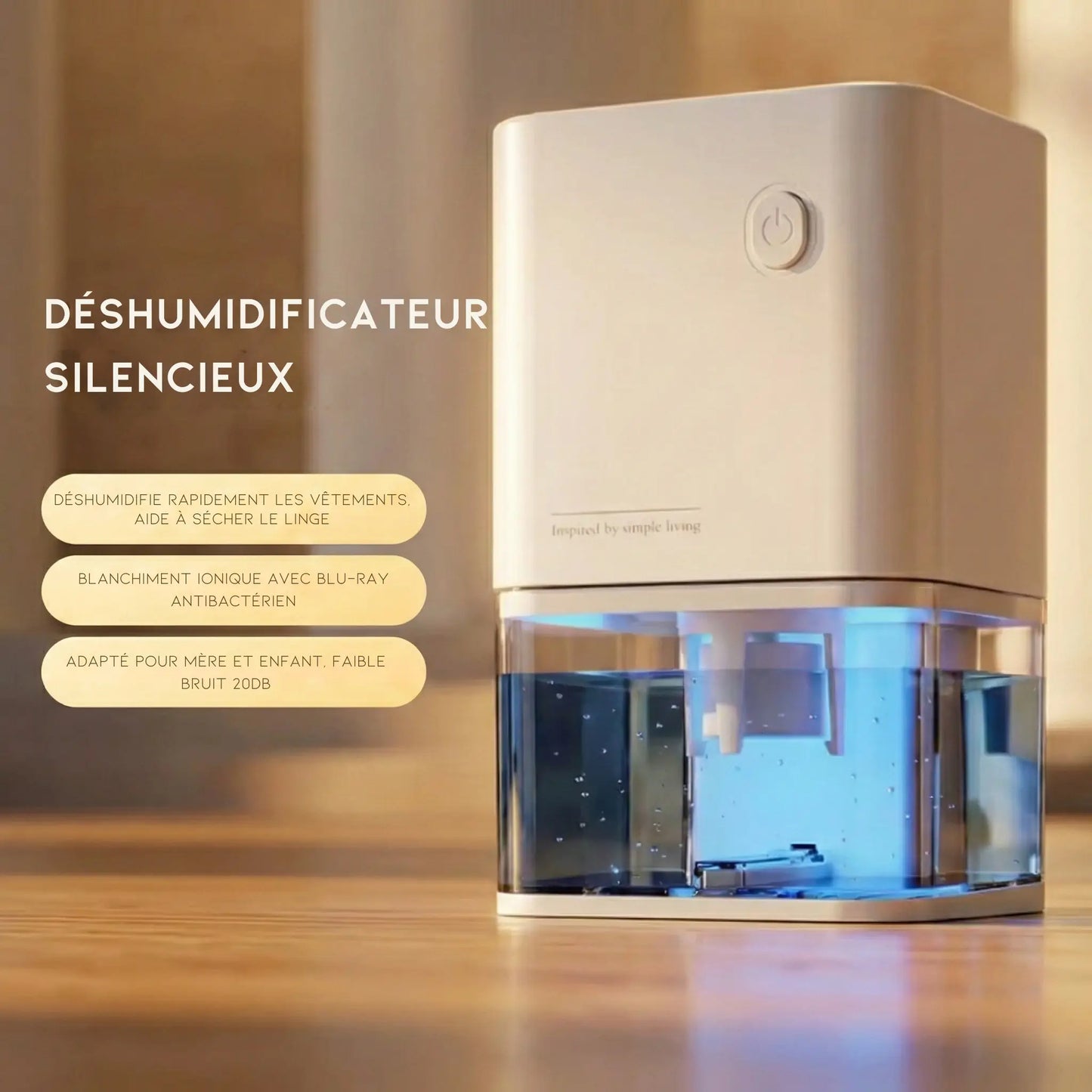Déshumidificateur d’Air Silencieux – Absorbeur d’Humidité Compact
