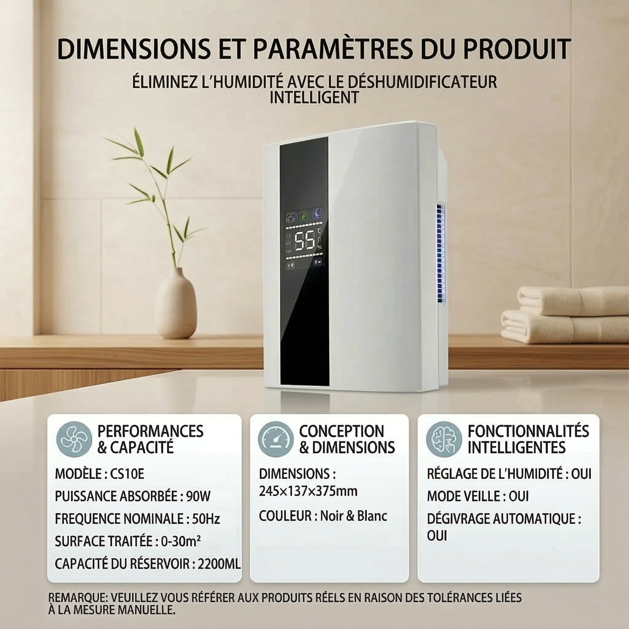 Déshumidificateur et Purificateur Intelligent 2-en-1 –  Silencieux 25 dB, Télécommande, jusqu'à 30 m²